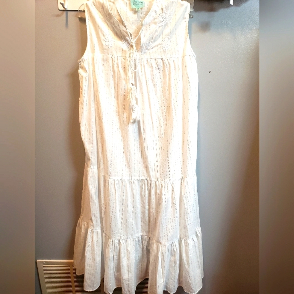 True Destinations White Cotton with Silver Stripe Maxi Cover-up/Dress